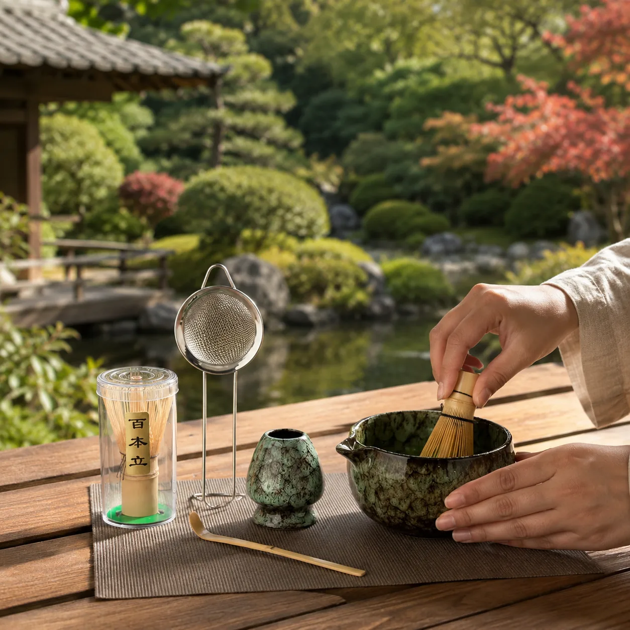 Hands whisking matcha in a green glazed bowl on an outdoor wooden table set with a boxed whisk, a sieve, a ceramic holder, and a bamboo scoop, overlooking a Japanese garden pond