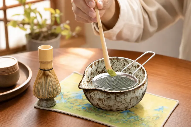 Bamboo matcha whisk drying tines-down on a ceramic holder beside a matcha bowl on a kitchen counter