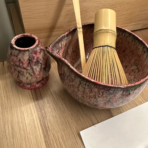 Pink matcha set on a wooden table — unedited customer photo