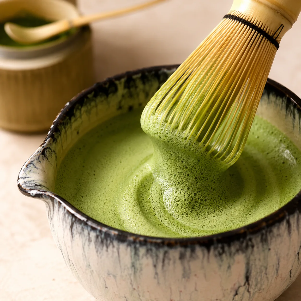 Bamboo chasen whisk lifting from frothy green matcha in a spouted ceramic bowl
